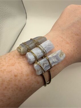 Cara NY Blue Lace Agate Cuff Bracelet Polished Crystal Wire Wrapped Gold Boho